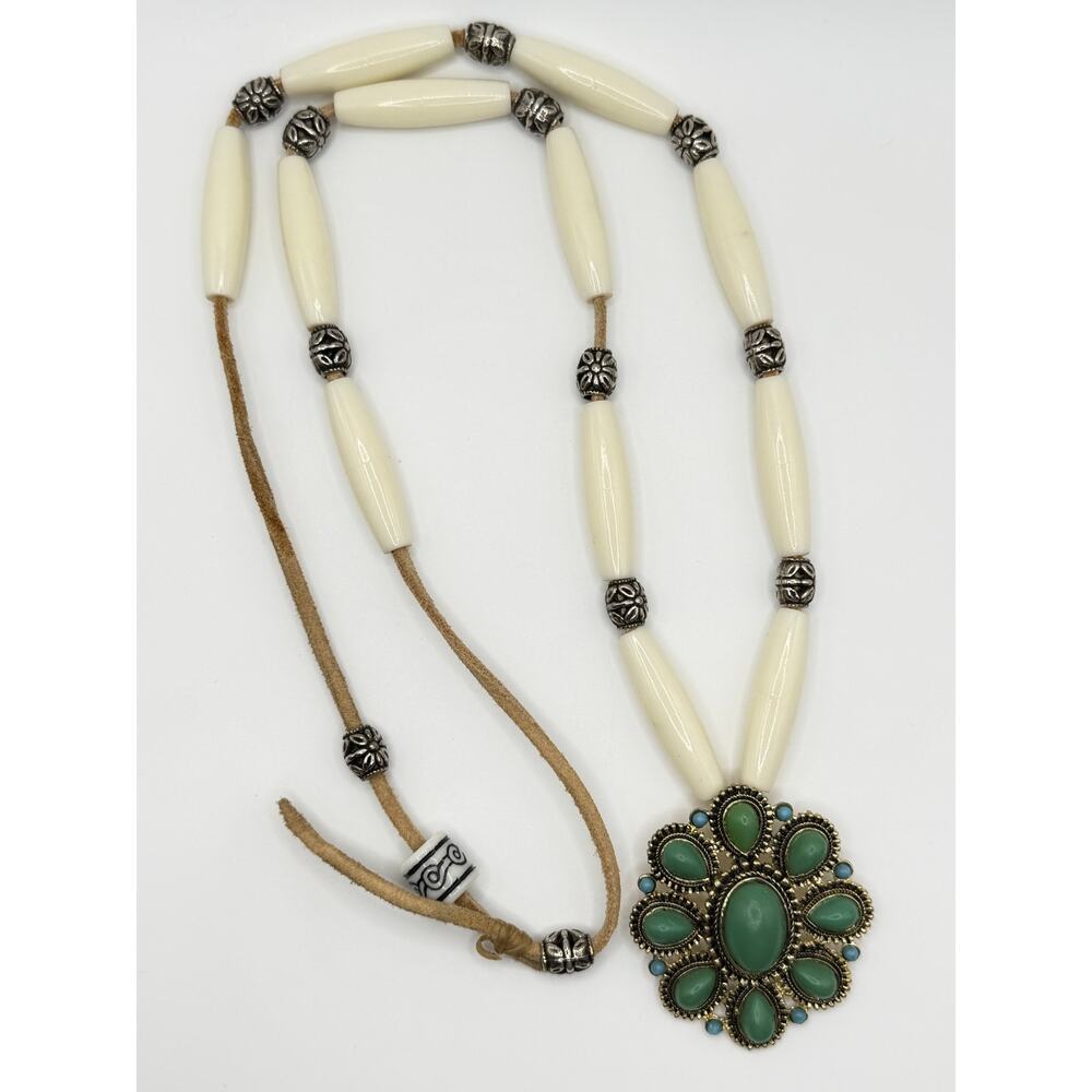 Western Turquoise Statement Pendant Necklace Adjustable Ivory Beads - Picture 3 of 7